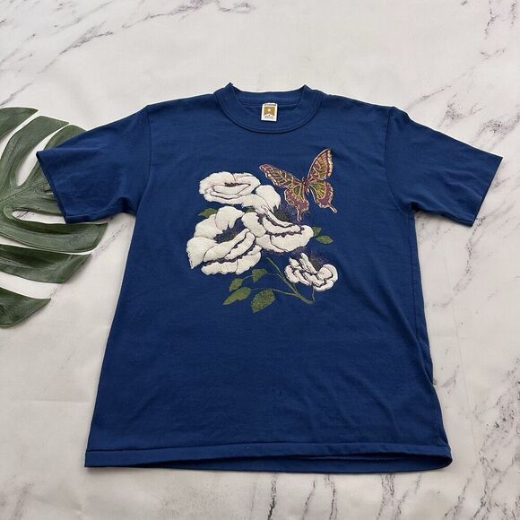Bomark Womens Vintage 80s Graphic Tee Size M Blue Floral Butterfly Crewneck - Picture 1 of 12